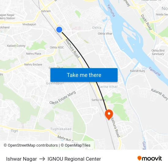 Ishwar Nagar to IGNOU Regional Center map
