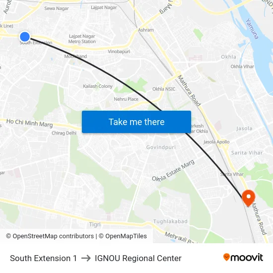 South Extension 1 to IGNOU Regional Center map