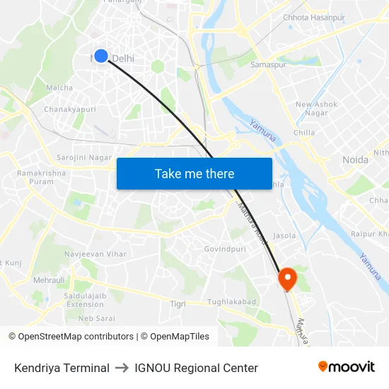 Kendriya Terminal to IGNOU Regional Center map