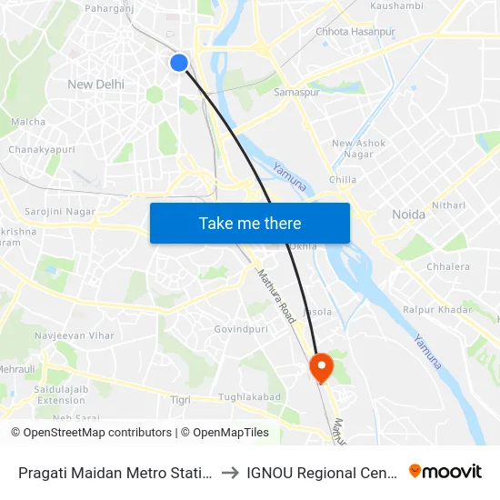 Pragati Maidan Metro Station to IGNOU Regional Center map