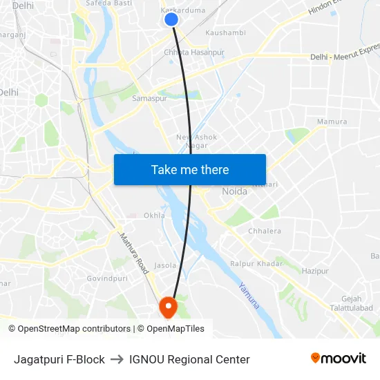 Jagatpuri F-Block to IGNOU Regional Center map