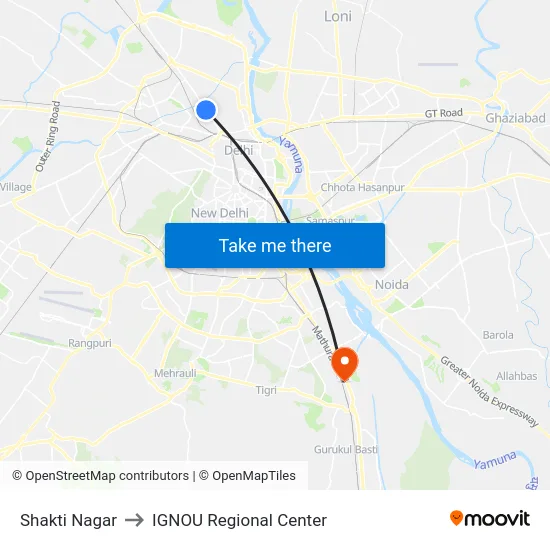 Shakti Nagar to IGNOU Regional Center map