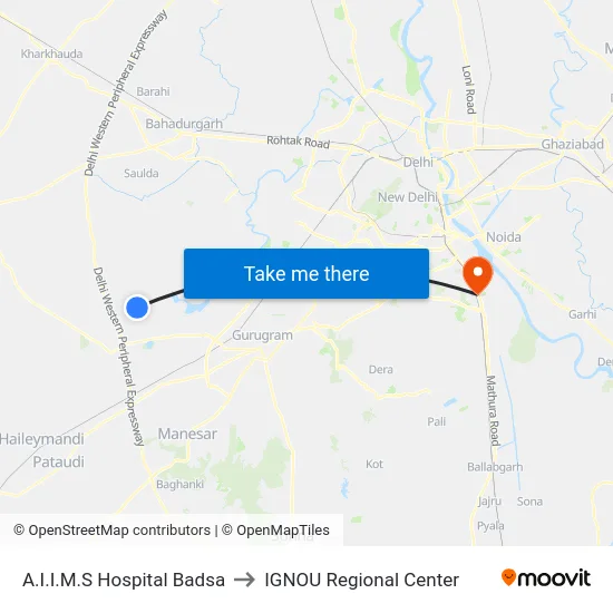 A.I.I.M.S Hospital Badsa to IGNOU Regional Center map