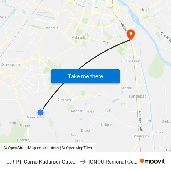 C.R.P.F Camp Kadarpur Gate No.2 to IGNOU Regional Center map