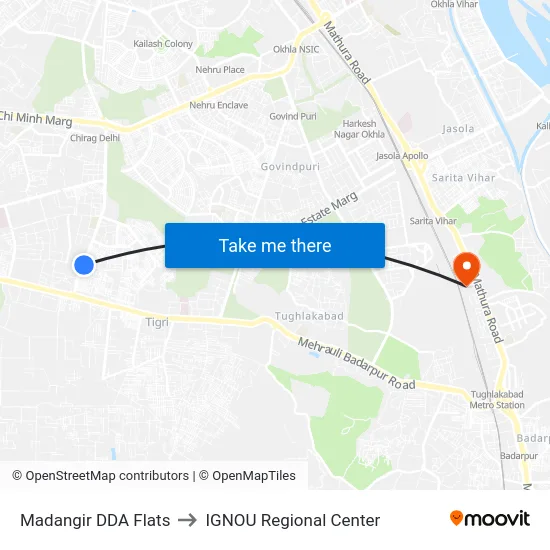 Madangir DDA Flats to IGNOU Regional Center map