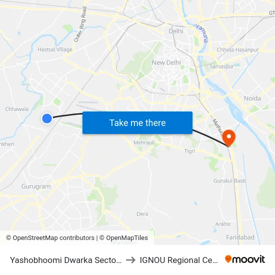 Yashobhoomi Dwarka Sector 25 to IGNOU Regional Center map