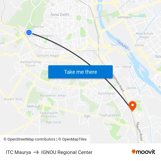 ITC Maurya to IGNOU Regional Center map