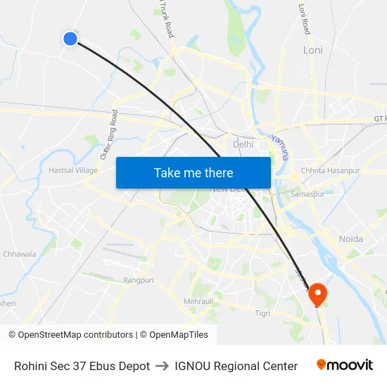 Rohini Sec 37 Ebus Depot to IGNOU Regional Center map