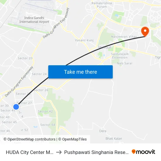 HUDA City Center Metro Station (B) to Pushpawati Singhania Research Institute (PSRI) map