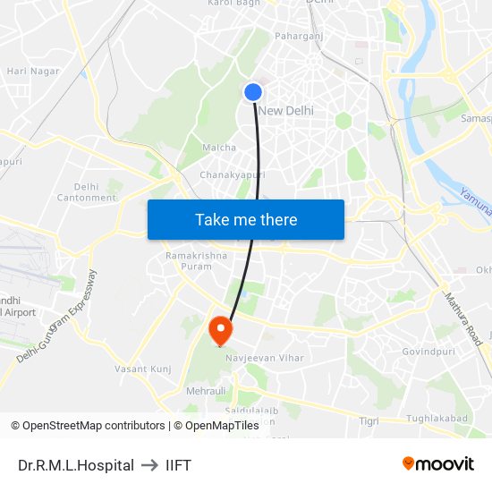 Dr.R.M.L.Hospital to IIFT map