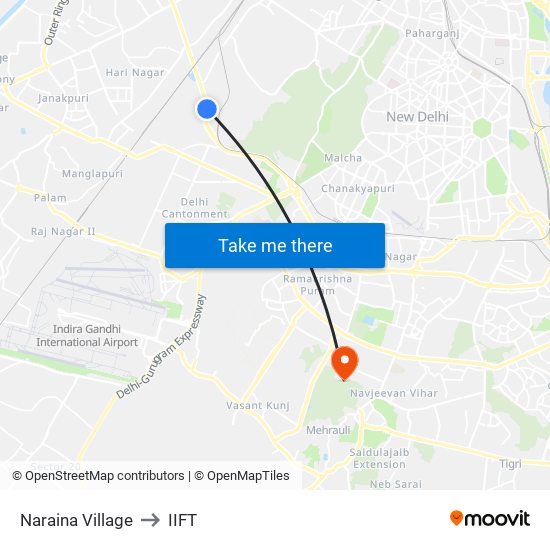 Naraina Village to IIFT map