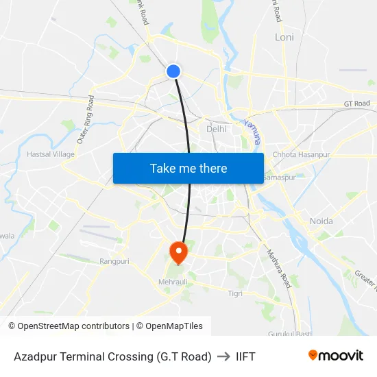 Azadpur Terminal Crossing (G.T Road) to IIFT map