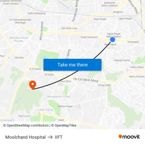 Moolchand Hospital to IIFT map