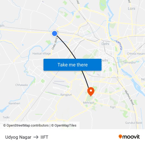 Udyog Nagar to IIFT map