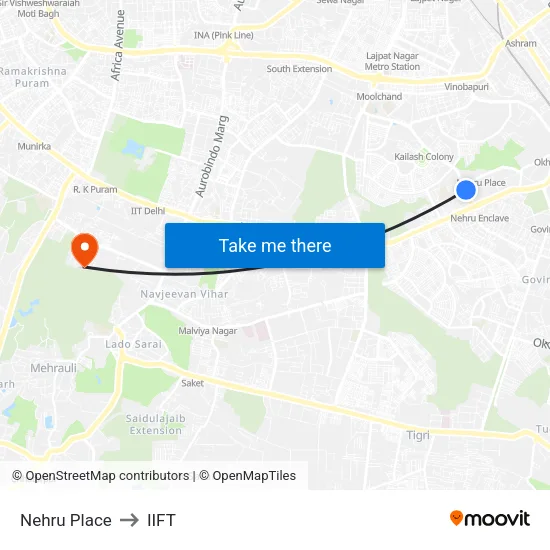 Nehru Place to IIFT map