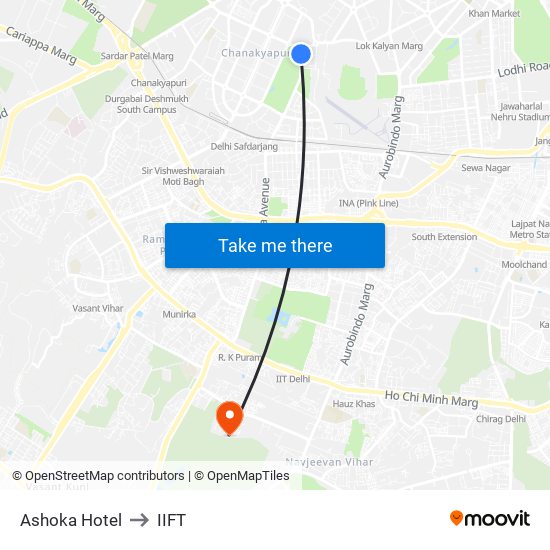 Ashoka Hotel to IIFT map