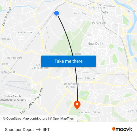 Shadipur Depot to IIFT map