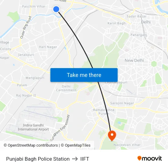 Punjabi Bagh Police Station to IIFT map