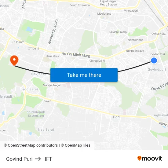 Govind Puri to IIFT map