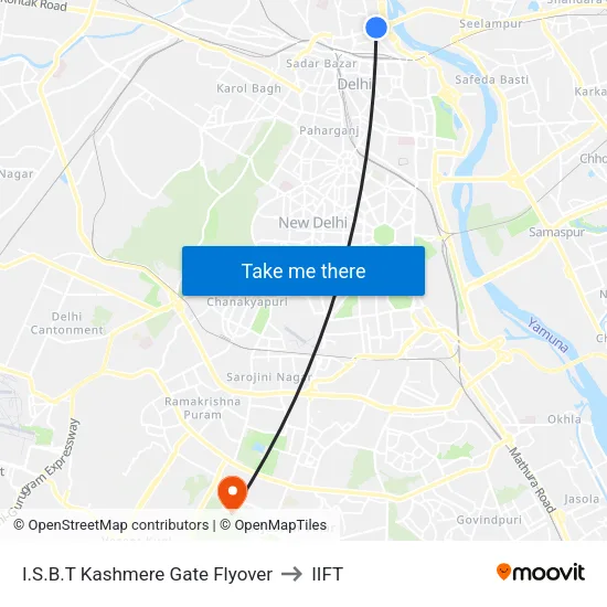I.S.B.T Kashmere Gate Flyover to IIFT map