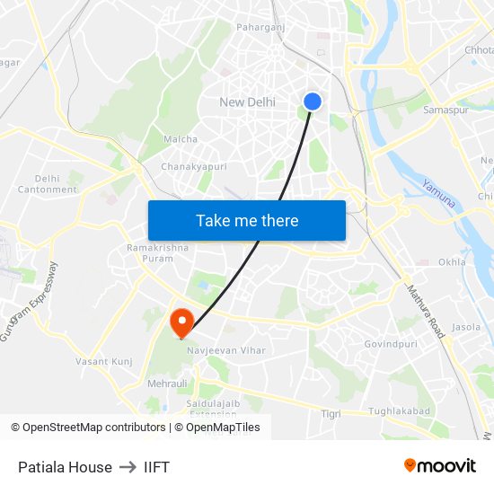 Patiala House to IIFT map