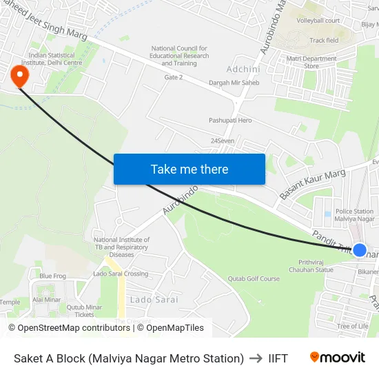 Saket A Block (Malviya Nagar Metro Station) to IIFT map