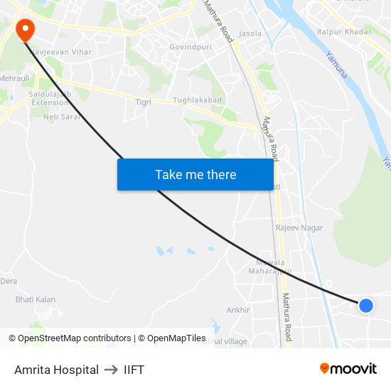 Amrita Hospital to IIFT map