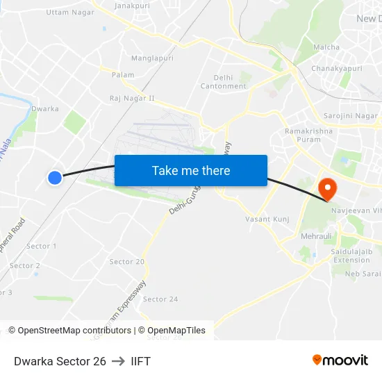 Dwarka Sector 26 to IIFT map