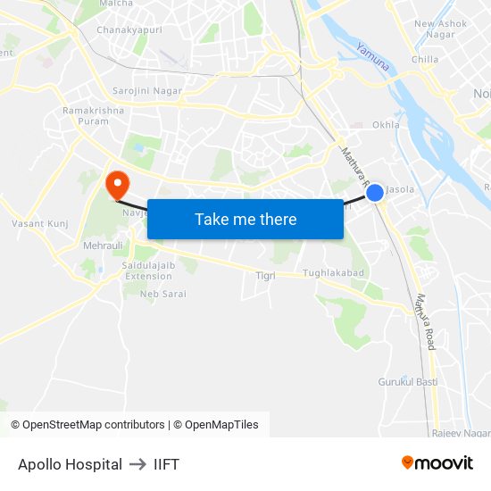 Apollo Hospital to IIFT map