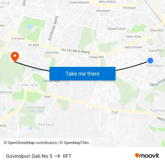 Govindpuri Gali No 5 to IIFT map