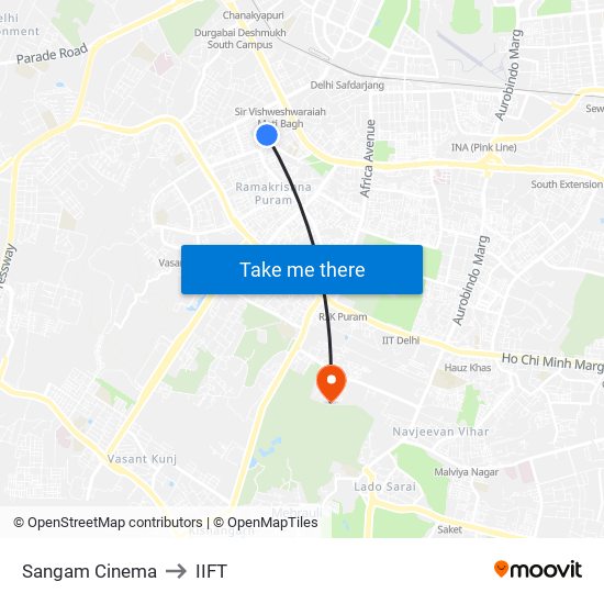 Sangam Cinema to IIFT map