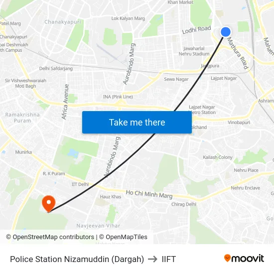 Police Station Nizamuddin (Dargah) to IIFT map