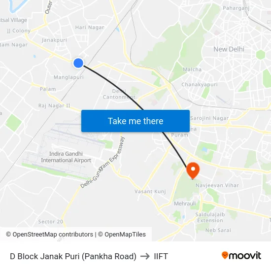 D Block Janak Puri (Pankha Road) to IIFT map