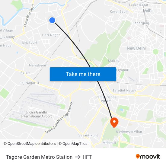 Tagore Garden Metro Station to IIFT map