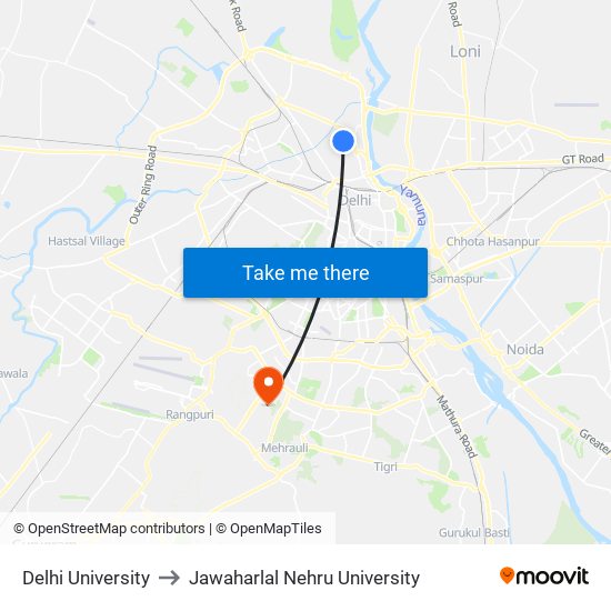 Delhi University to Jawaharlal Nehru University map