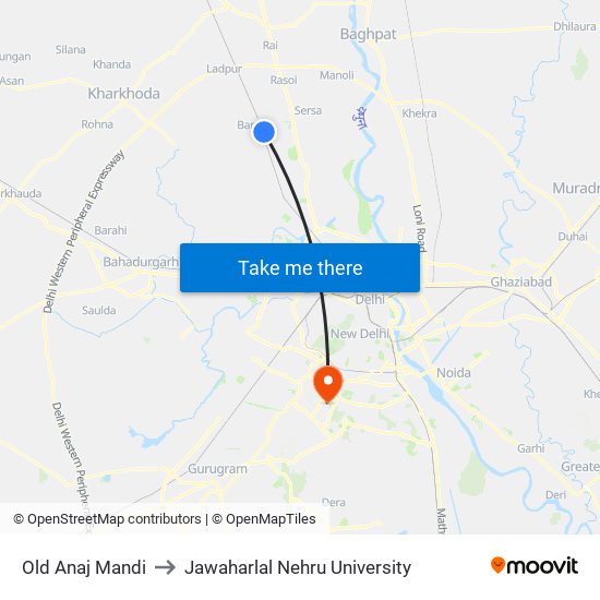 Old Anaj Mandi to Jawaharlal Nehru University map