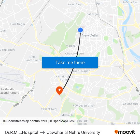 Dr.R.M.L.Hospital to Jawaharlal Nehru University map