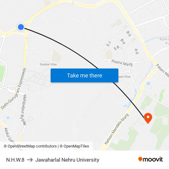 N.H.W.8 to Jawaharlal Nehru University map