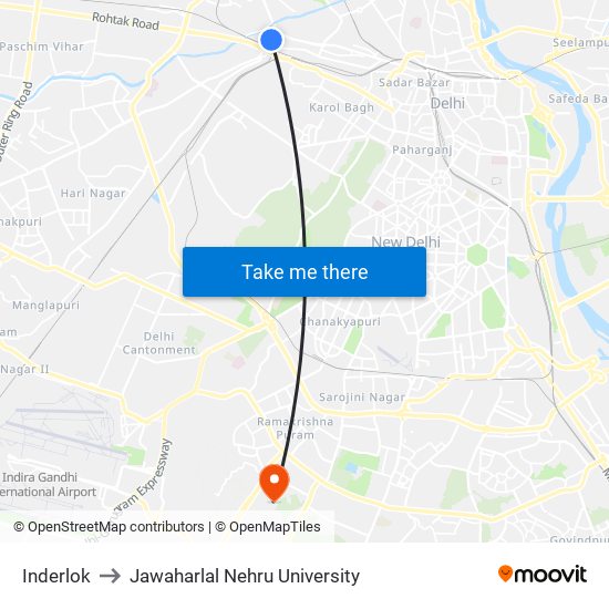 Inderlok to Jawaharlal Nehru University map