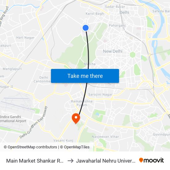 Main Market Shankar Road to Jawaharlal Nehru University map