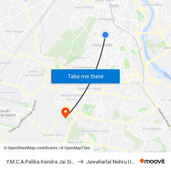 Y.M.C.A.Palika Kendra Jai Singh Marg to Jawaharlal Nehru University map