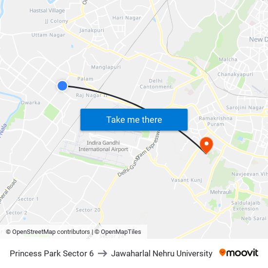 Princess Park Sector 6 to Jawaharlal Nehru University map
