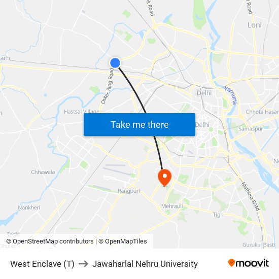 West Enclave (T) to Jawaharlal Nehru University map
