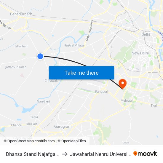 Dhansa Stand Najafgarh to Jawaharlal Nehru University map