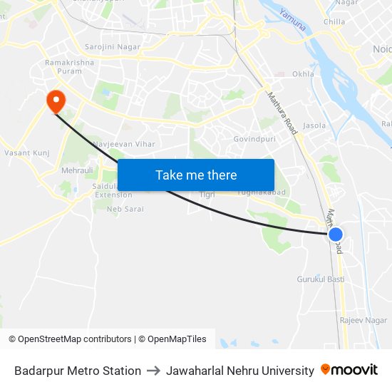 Badarpur Metro Station to Jawaharlal Nehru University map