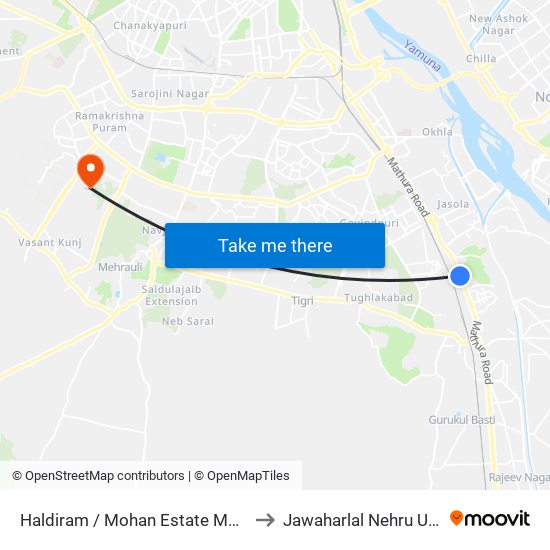 Haldiram / Mohan Estate Metro Station to Jawaharlal Nehru University map