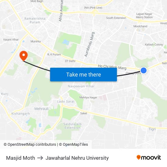 Masjid Moth to Jawaharlal Nehru University map