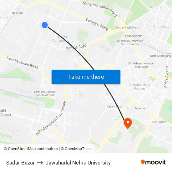 Sadar Bazar to Jawaharlal Nehru University map