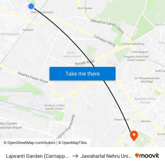 Lajwanti Garden (Carriappa Marg) to Jawaharlal Nehru University map