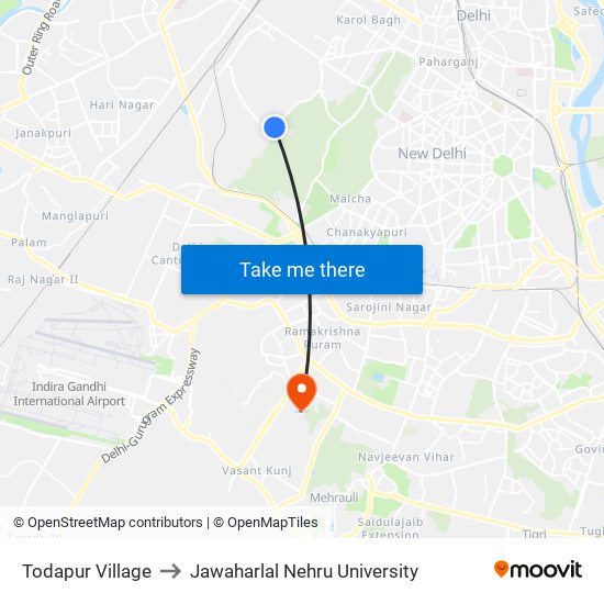 Todapur Village to Jawaharlal Nehru University map